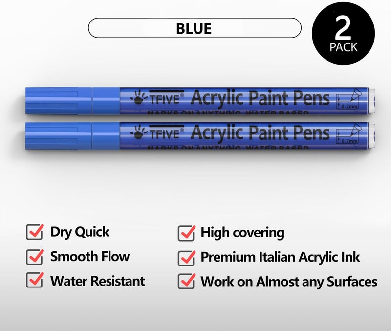 TFIVE Blue Paint Marker Pens - 2 Pack Acrylic Permanent Marker, 0.7mm Extra Fine Tip for Art Projects, Drawing, Rock Painting, Ceramic, Glass, Wood, Plastic, Metal, Canvas DIY Crafts - Image 2